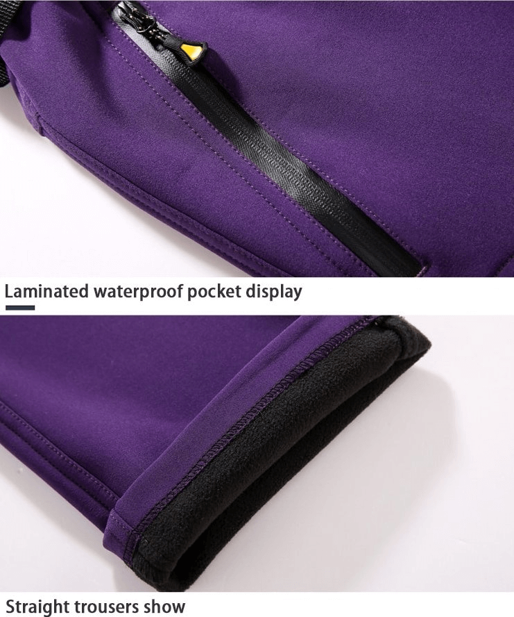 Close-up of Windproof Waterproof Fleece Women's Hiking Pants featuring laminated waterproof pocket and straight trouser cuffs.